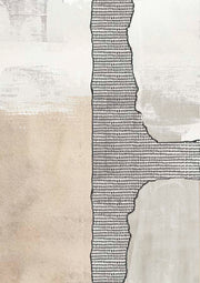 Abstract artwork with a torn vertical dotted band across neutral beige and taupe tones