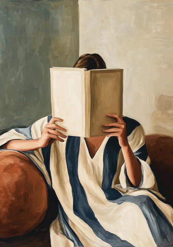 Painting of a person wrapped in navy and cream stripes reading a book that hides their face