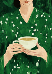 Painterly illustration of a person in a green dotted garment holding a white coffee cup
