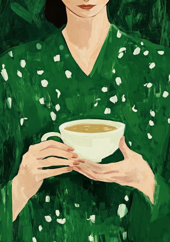 Painterly illustration of a person in a green dotted garment holding a white coffee cup