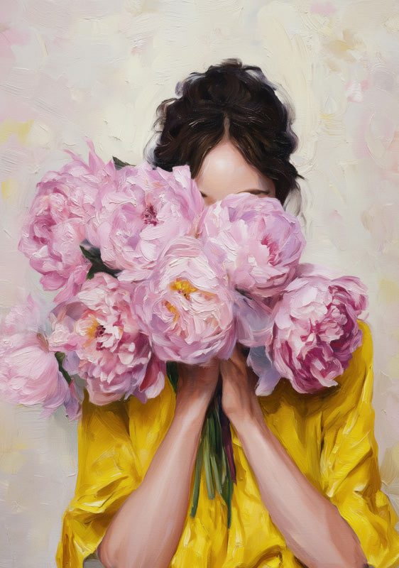 Painting of a figure holding pink peonies over her face, wearing a bright yellow top