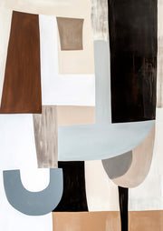 Abstract geometric artwork with rust, grey-blue and charcoal interlocking shapes