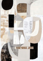 Abstract painting with overlapping geometric shapes in black, cream, tan and grey tones