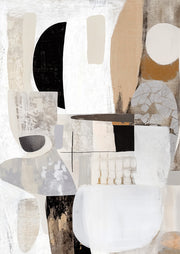 Abstract collage artwork with black, cream, tan and grey organic shapes and matte textures