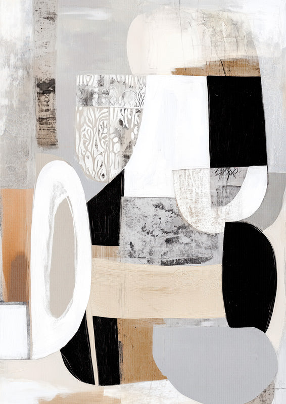 Abstract artwork with geometric shapes in black, white, cream and tan tones