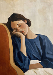Painting of a woman resting her head on her hand in a blue top, seated in an orange armchair