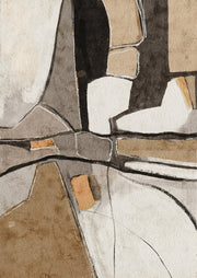Abstract watercolor painting with fragmented geometric shapes in taupe, charcoal and ochre tones