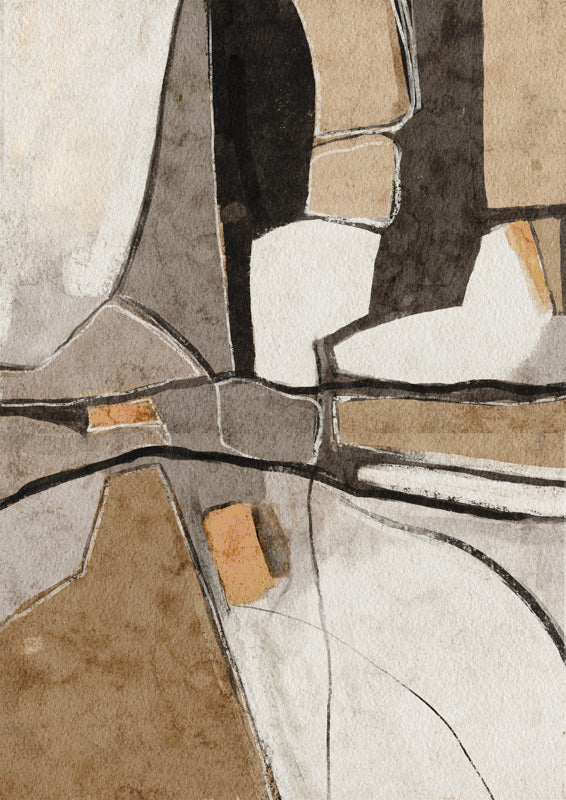 Abstract watercolor painting with fragmented geometric shapes in taupe, charcoal and ochre tones