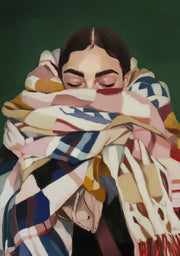 Close-up portrait of a woman with closed eyes wrapped in a plaid scarf, green background.