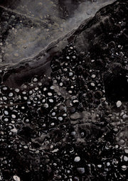 Close-up of dense black clustered circular textures beside a pale grey marbled band