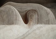 Abstract art with curved, wood-grain-like lines in beige and brown, forming a swirl at center.