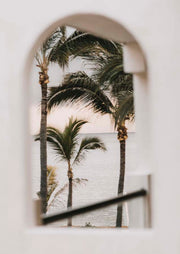 Palm trees and ocean seen through a white arched window frame, soft neutral tones