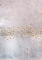 Gold and white square dots clustered across a mottled grey-pink textured background
