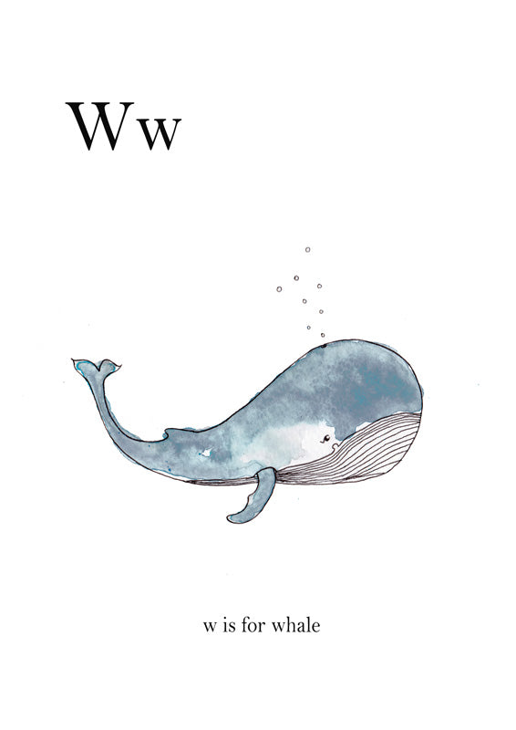 Watercolour whale illustration with letter W and caption 'w is for whale'