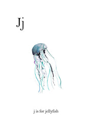 Watercolor jellyfish with teal bell and dark tentacles, letter J, and caption 'j is for jellyfish'