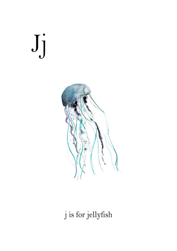 Watercolor jellyfish with teal bell and dark tentacles, letter J, and caption 'j is for jellyfish'