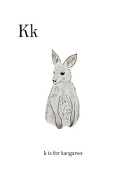 Watercolour kangaroo illustration with the letter Kk and caption k is for kangaroo