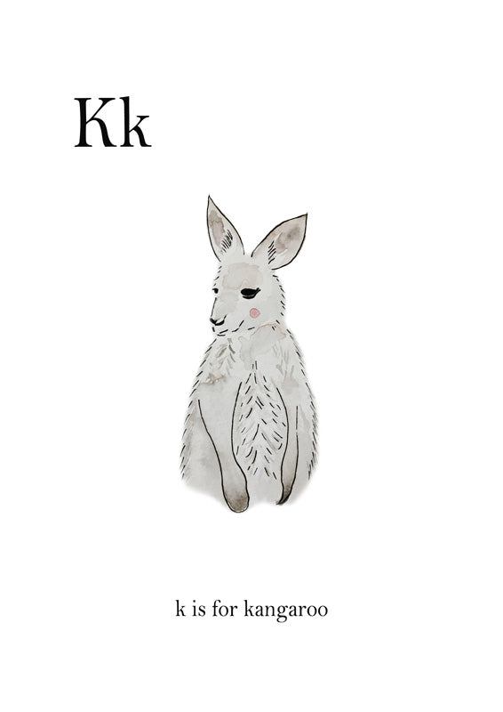 Watercolour kangaroo illustration with the letter Kk and caption k is for kangaroo