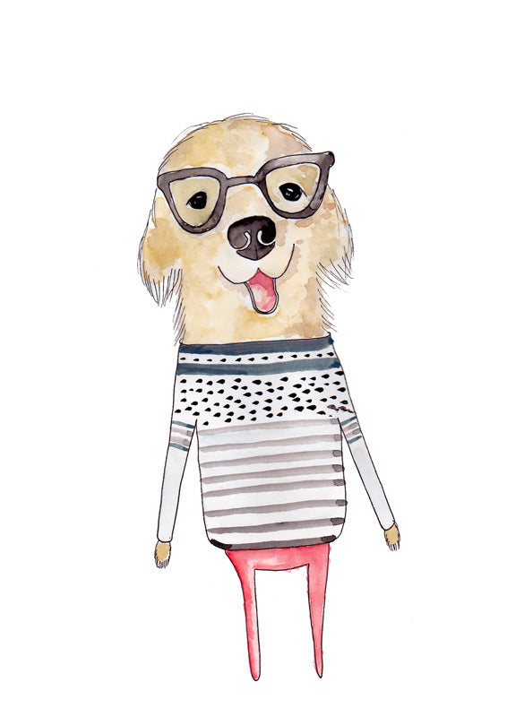 Watercolour illustration of a dog wearing glasses and a striped, spotted sweater with pink legs