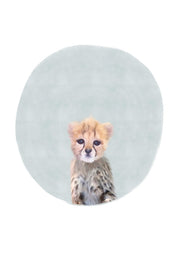 Painting of a baby cheetah centred within a soft sage green circle