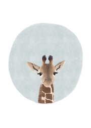 Painted portrait of a baby giraffe against a soft blue-grey circular background