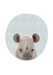 Illustrated baby rhino face on a pale blue-grey oval background