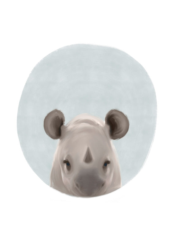 Illustrated baby rhino face on a pale blue-grey oval background