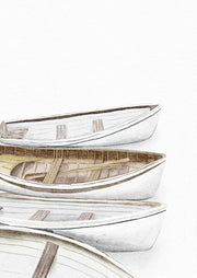 Illustration of three wooden rowboats stacked together in muted cream and brown tones