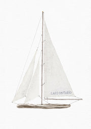 Line drawing of a sailboat with white sails labelled Lake Ontario on a pale background