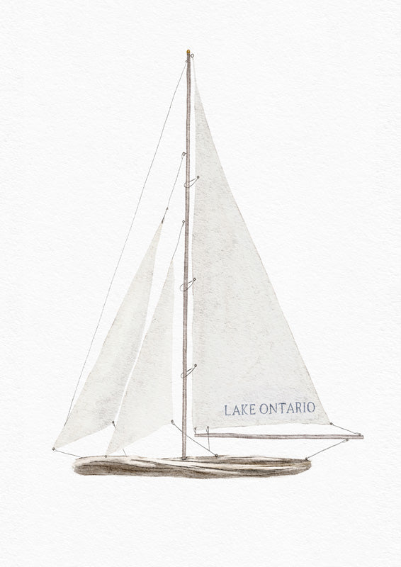 Line drawing of a sailboat with white sails labelled Lake Ontario on a pale background