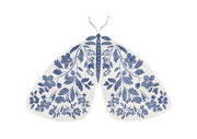 Blue and white illustration of a moth with symmetrical floral wing patterns