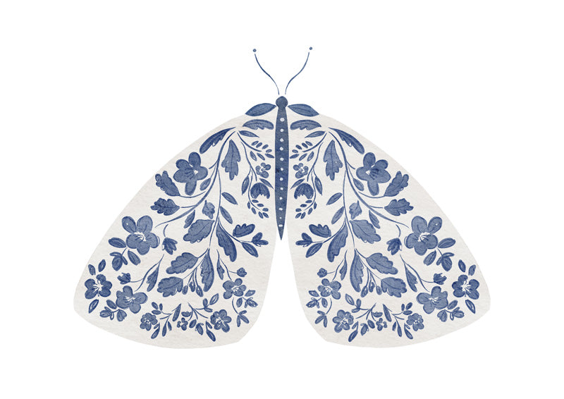 Blue and white illustration of a moth with symmetrical floral wing patterns