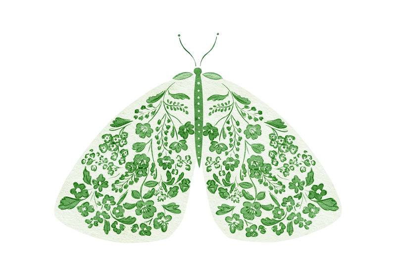 Illustration of a green floral moth motif on a cream background