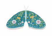 Illustration of a moth with teal wings decorated in pink and yellow floral pattern
