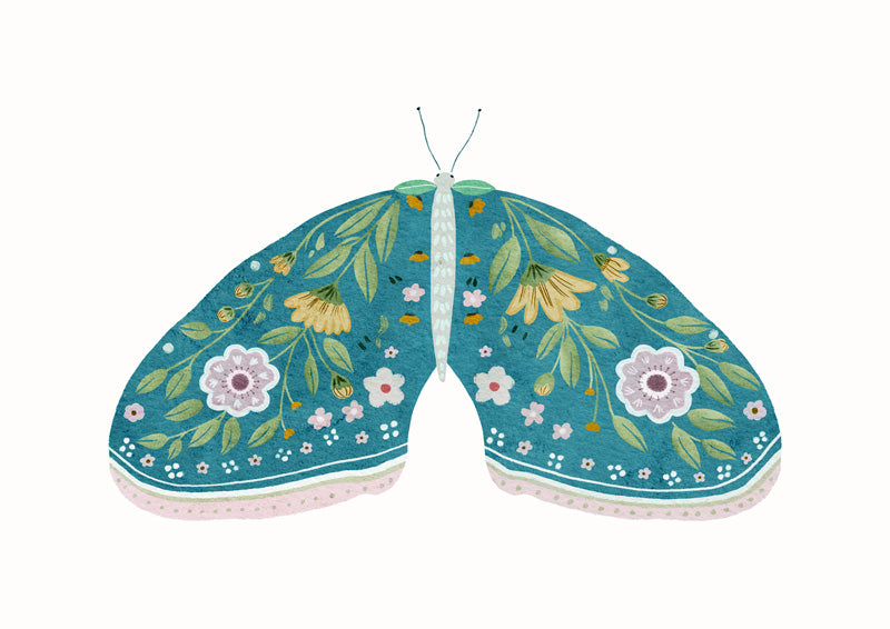 Illustration of a moth with teal wings decorated in pink and yellow floral pattern