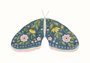 Illustrated moth with floral patterned wings in blue, yellow and pink on a cream background