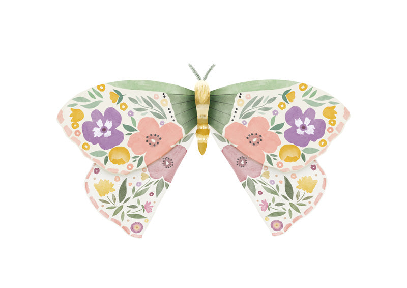 Symmetrical moth illustration with pastel floral wings on white background