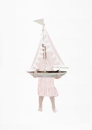 Illustrated child figure holding a pink toy sailboat that hides the head, on white background.