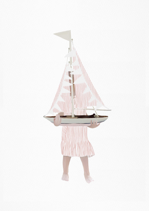Illustrated child figure holding a pink toy sailboat that hides the head, on white background.