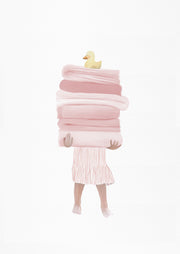 Illustration of a child holding a stack of pink towels with a rubber duck on top