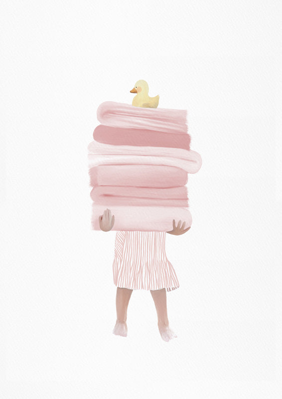Illustration of a child holding a stack of pink towels with a rubber duck on top