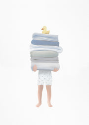 Illustration of a child's legs under a tall stack of towels topped with a rubber duck