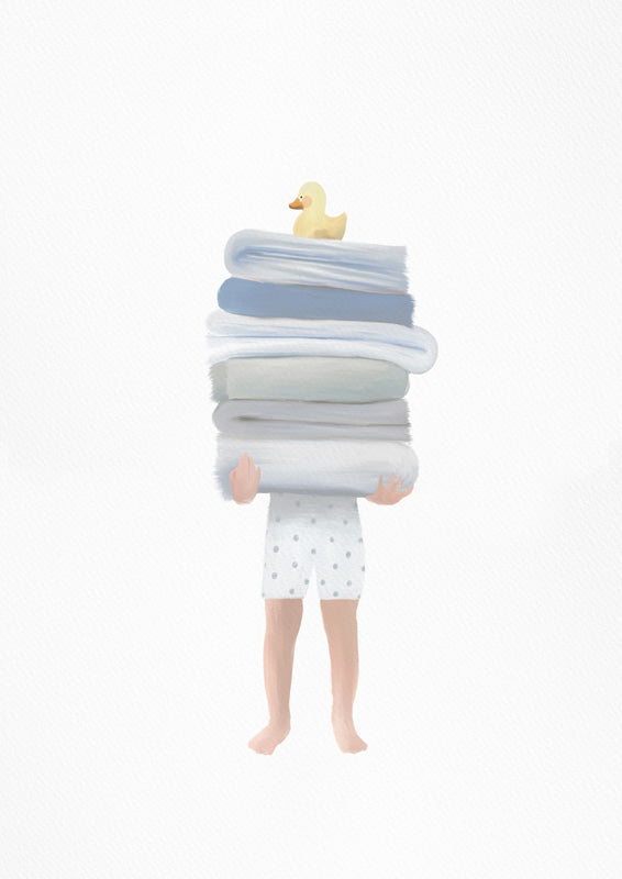 Illustration of a child's legs under a tall stack of towels topped with a rubber duck