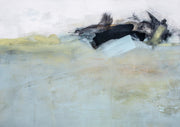 Abstract landscape painting with pale blue, beige and dark gestural brushstrokes above a textured horizon
