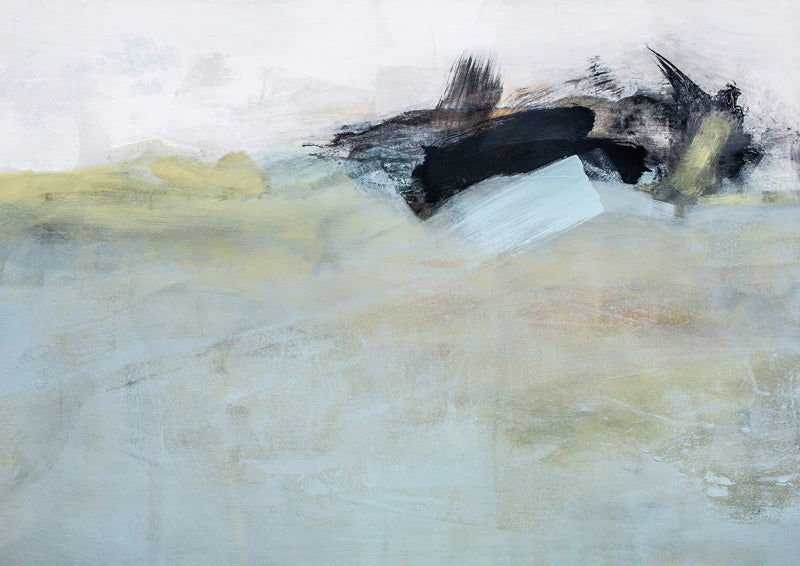 Abstract landscape painting with pale blue, beige and dark gestural brushstrokes above a textured horizon