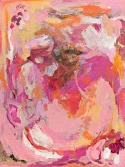 Abstract painting with layered pink, magenta and gold brushstrokes and textured paint marks