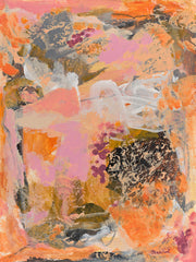Abstract painting in warm orange, pink and gold tones with textured brushstrokes and organic shapes
