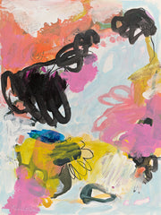 Abstract painting with black scribbled loops over pastel pink, yellow and blue brushstrokes