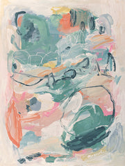 Abstract painting with layered pastel brushstrokes and organic curved shapes in coral, sage and pink