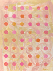 Abstract painting with pink and orange polka dots over pale yellow brushstrokes